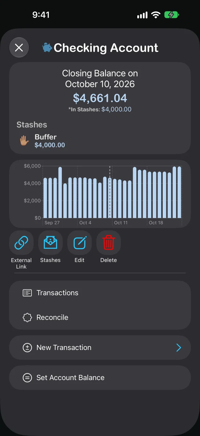 Cashly — checking account detail with stashes and balance history