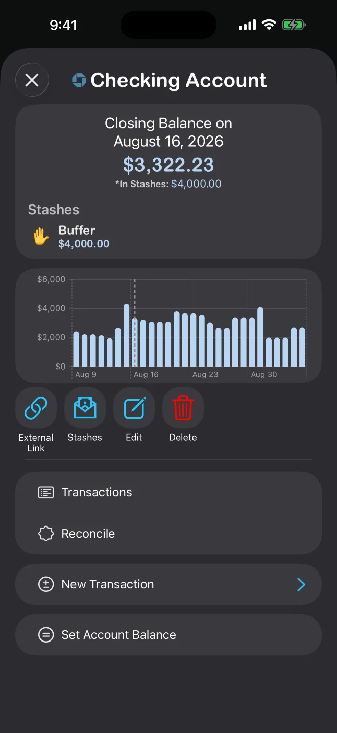 Cashly — checking account detail with stashes and balance history