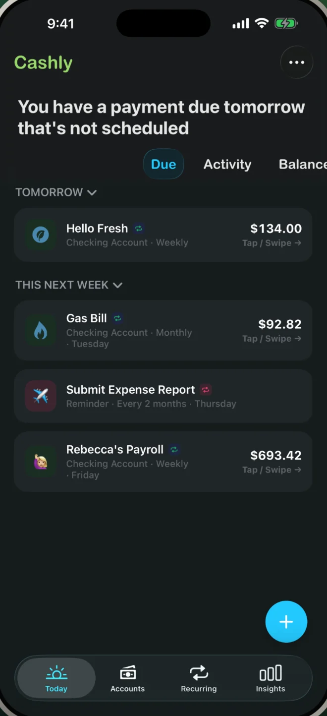 Cashly — upcoming payments due