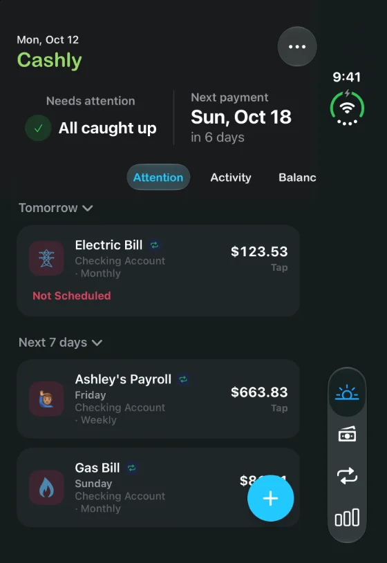 Cashly on iPhone Duo — Today screen