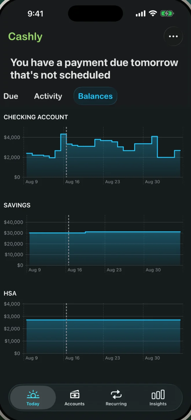 Cashly — recent and projected account balances