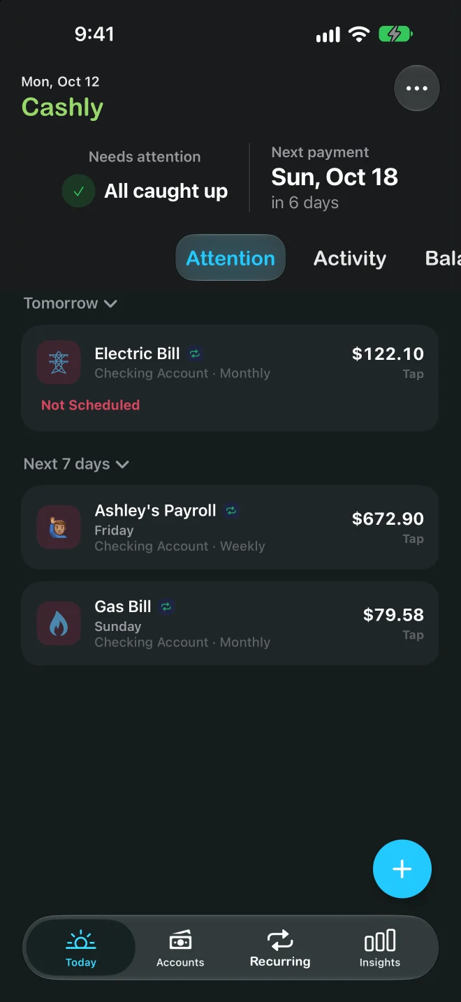 Cashly — Today screen with upcoming payments